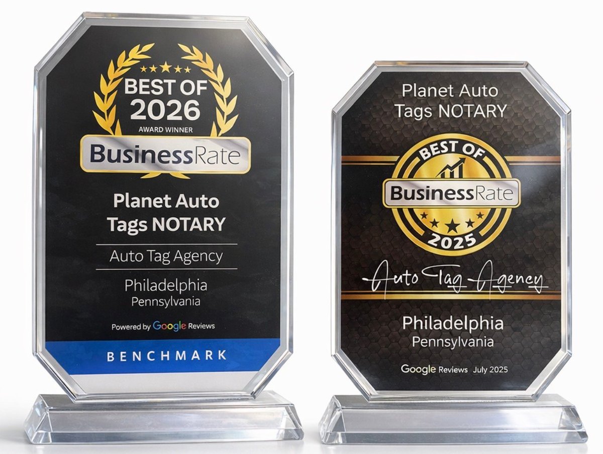 Two award plaques for Planet Auto Tags NOTARY, a Philadelphia auto tag agency, displaying Best of 2026 BusinessRate recognition
